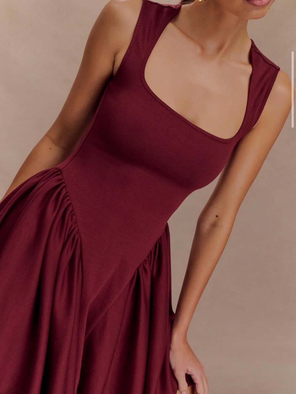 MESHKI Sleeveless Square-Neck Fit & Flare Dress in Burgundy - NWT - Picture 3 of 5